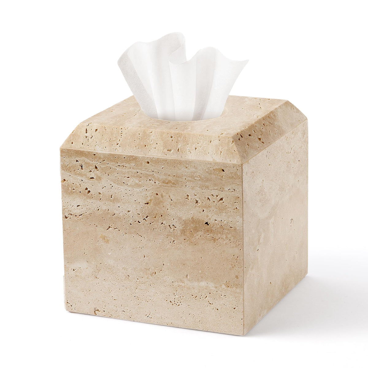 WORHE travertine tissue box cover front view shows sturdy, elegant stone craftsmanship.