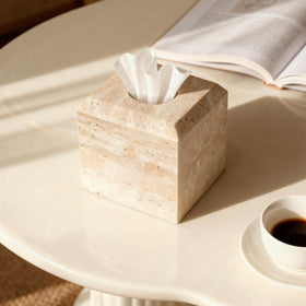 WORHE travertine tissue box cover side view highlights stable square form for easy use.