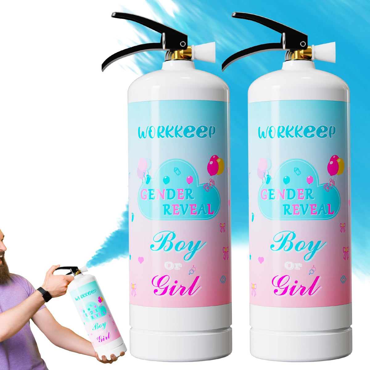 Workkeep giant gender reveal extinguisher blue 2-pack ready for dramatic outdoor moment