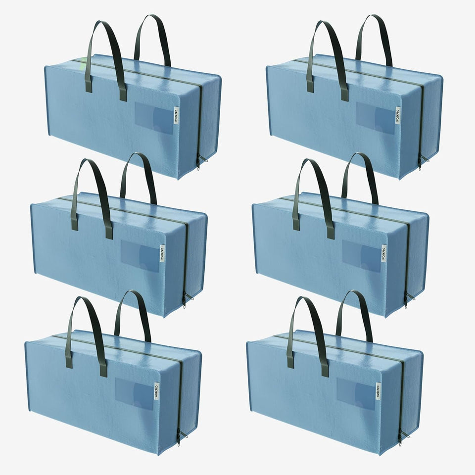 WorkPro six-pack extra large moving bags with zippers for secure storage.