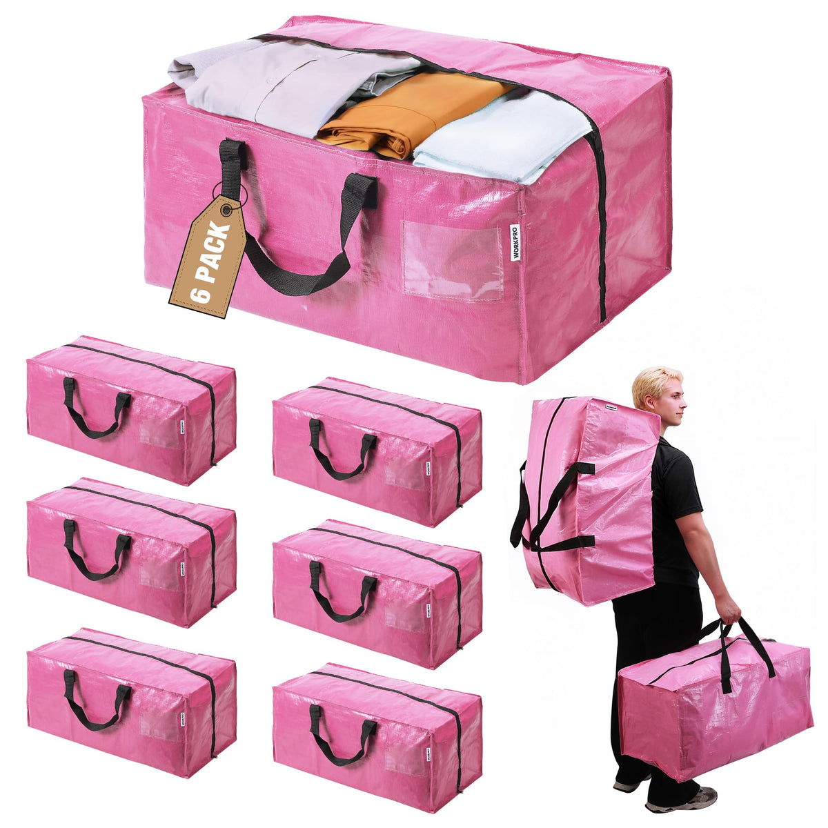 WORKPRO pink 6-pack moving bags with open top for easy packing and unloading.