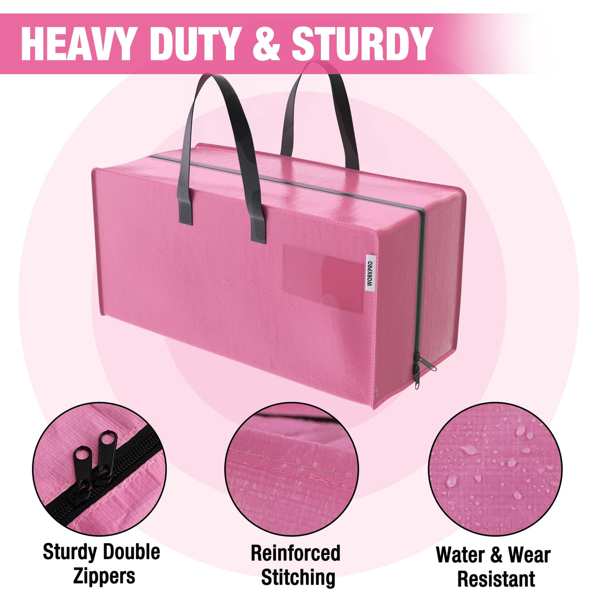 WORKPRO heavy-duty polyethylene bag with reinforced stitching for durable moves.