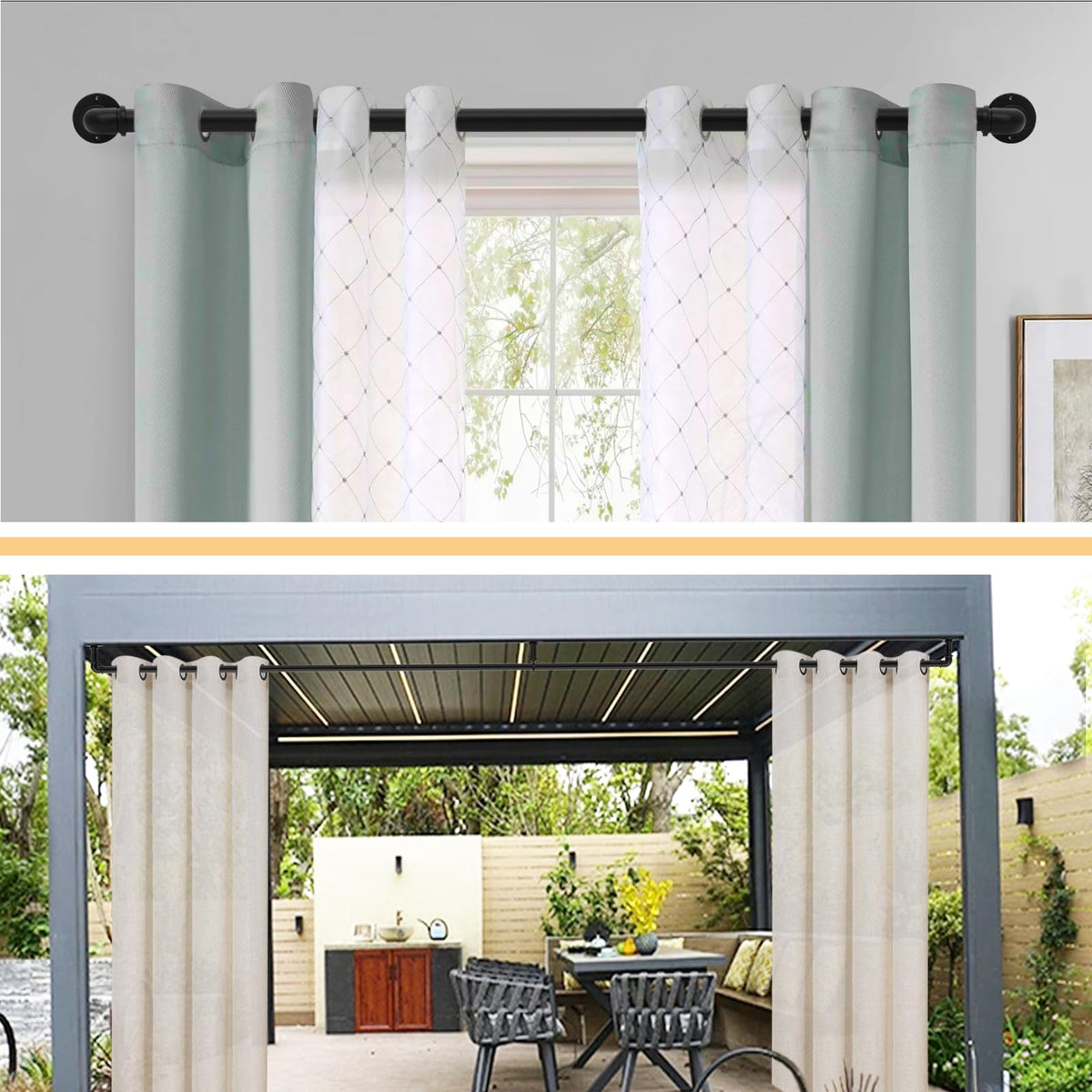 WORLD RODS one-inch diameter rod provides reliable support for varied curtain styles.
