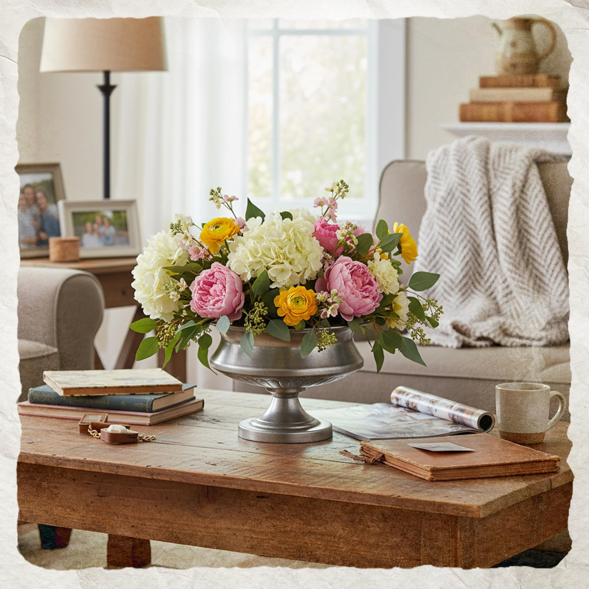 Worth urn vase silver with flower arrangement for wedding tabletop accents.
