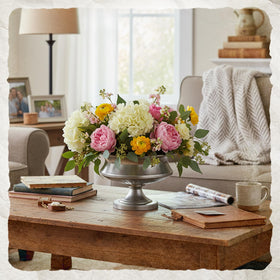 Worth urn vase silver with flower arrangement for wedding tabletop accents.