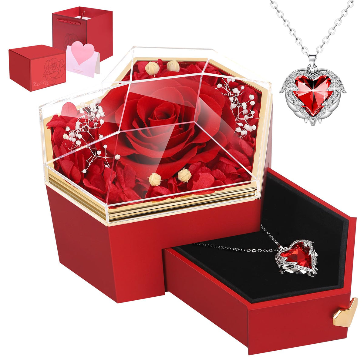 Worthfan preserved red rose with necklace in a diamond-shaped box, timeless gift idea.