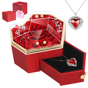 Worthfan preserved red rose with necklace in a diamond-shaped box, timeless gift idea.