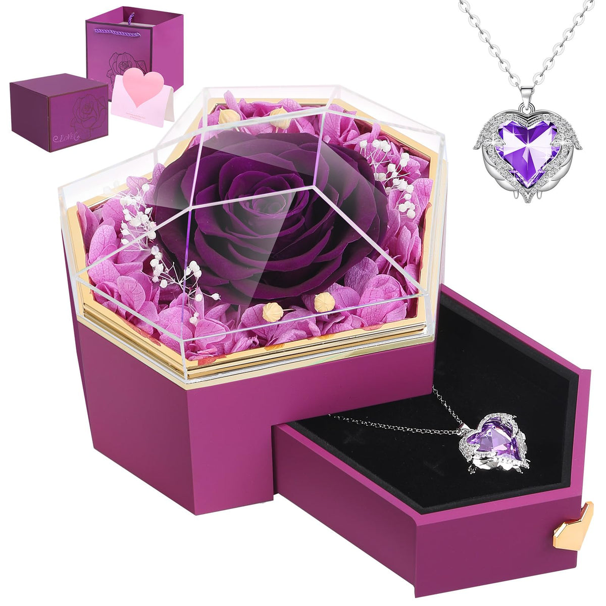 Worthfan preserved rose in a diamond box with open lid, ideal romantic keepsake