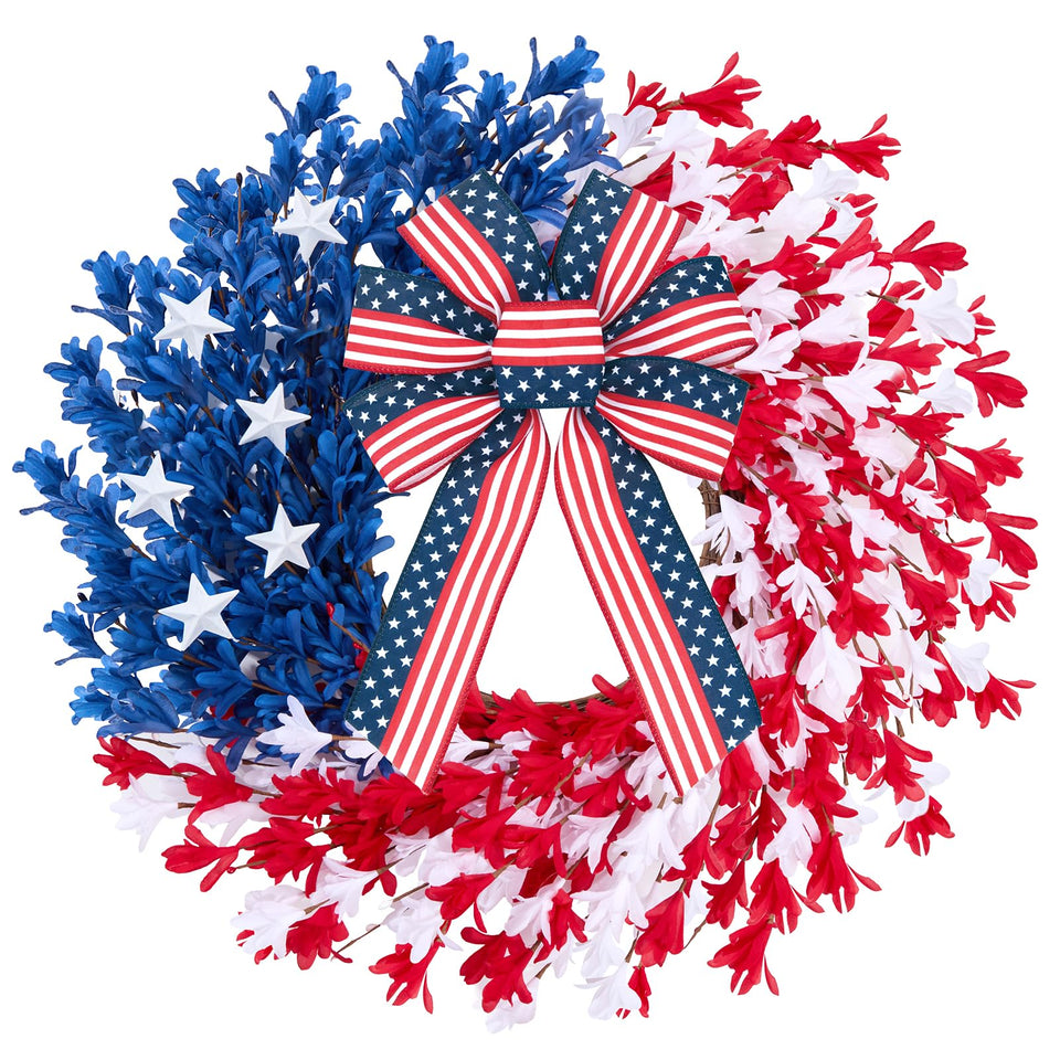 Worthyeah 22-inch patriotic wreath front view with flag bow, ideal for curb appeal.