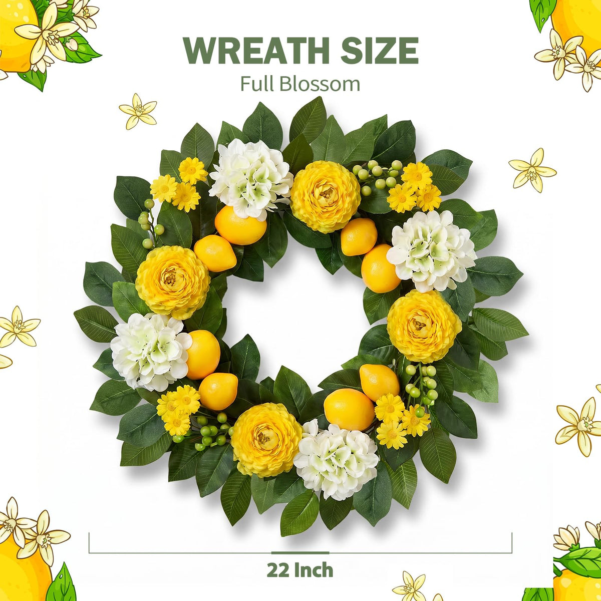 Worthyeah Lemon Wreath closeup lemons showing lifelike fruit for year-round charm.