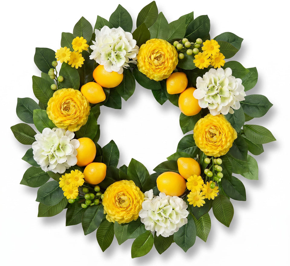 Worthyeah Summer Lemon Wreath front door display with bright lemons inviting guests.