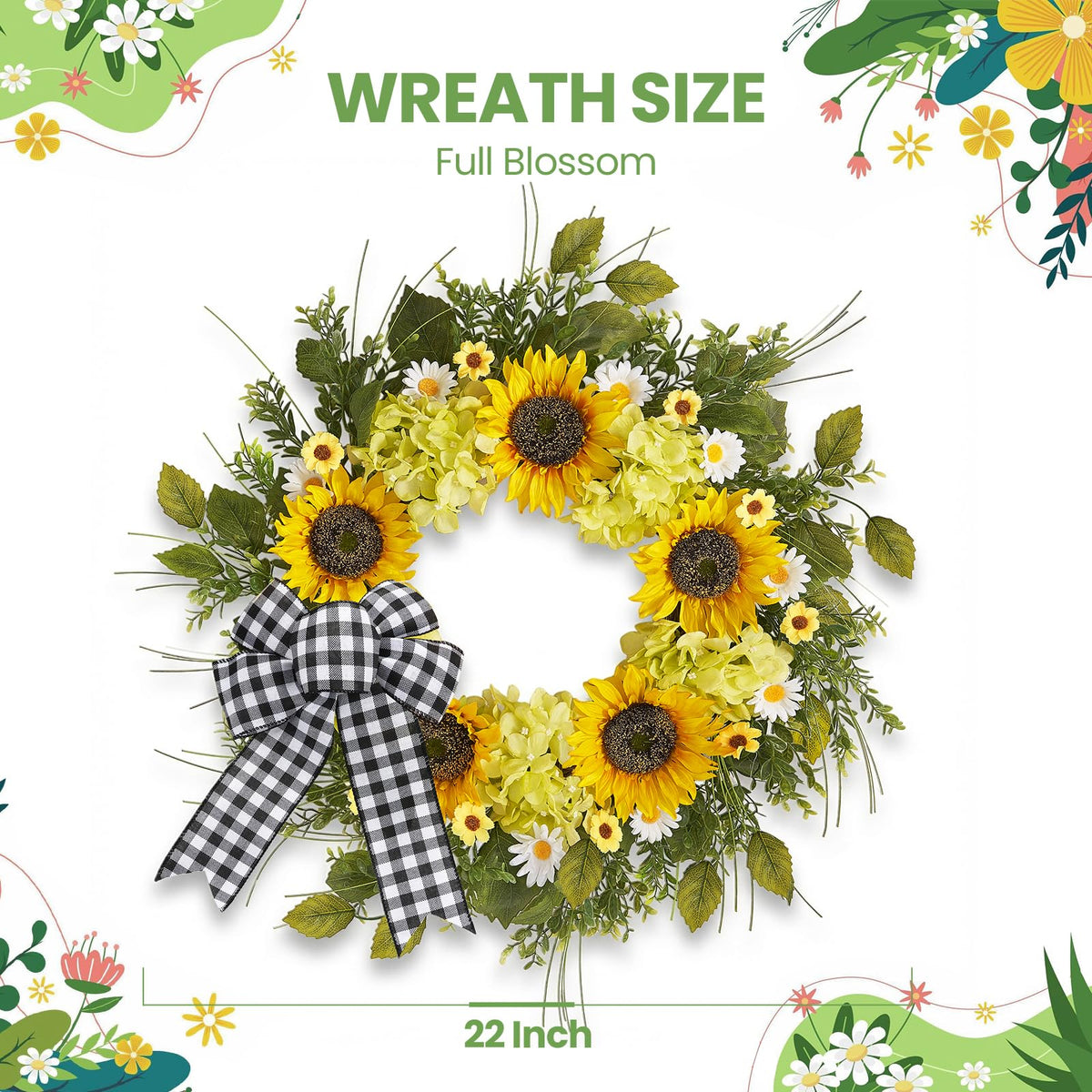 Worthyeah sunflower wreath plaid bow closeup showing rustic detail