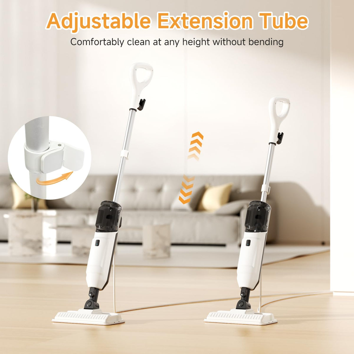 Wotaste steam mop tilting head cleans under furniture