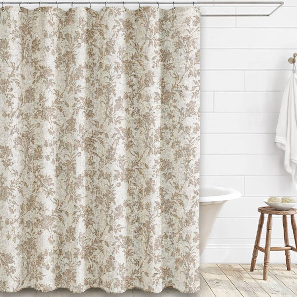 WOUVMA beige floral cotton linen curtain 84x72 inches adds subtle bathroom elegance.