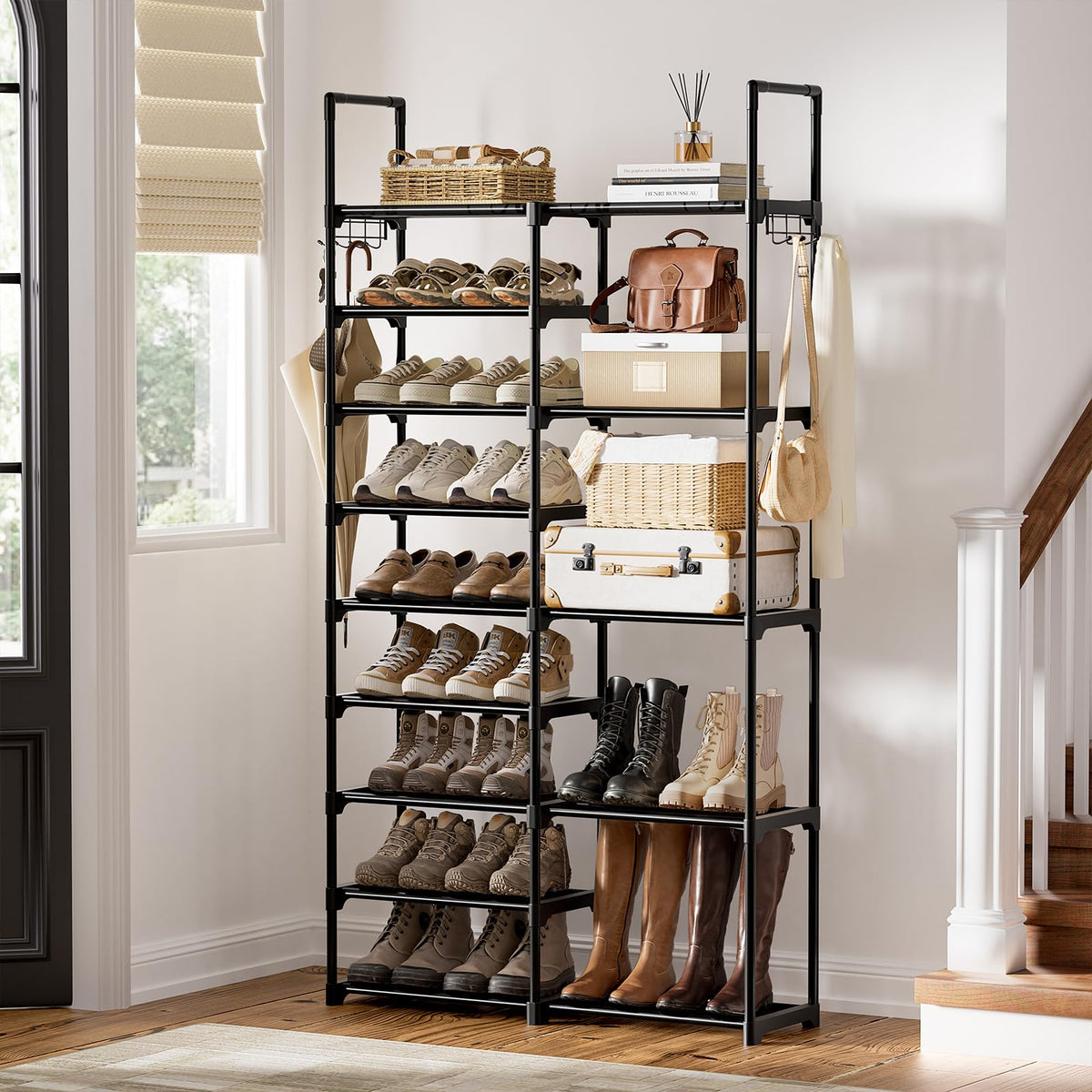 WOWLIVE 9-Tier Shoe Rack side view highlights compact footprint for small spaces