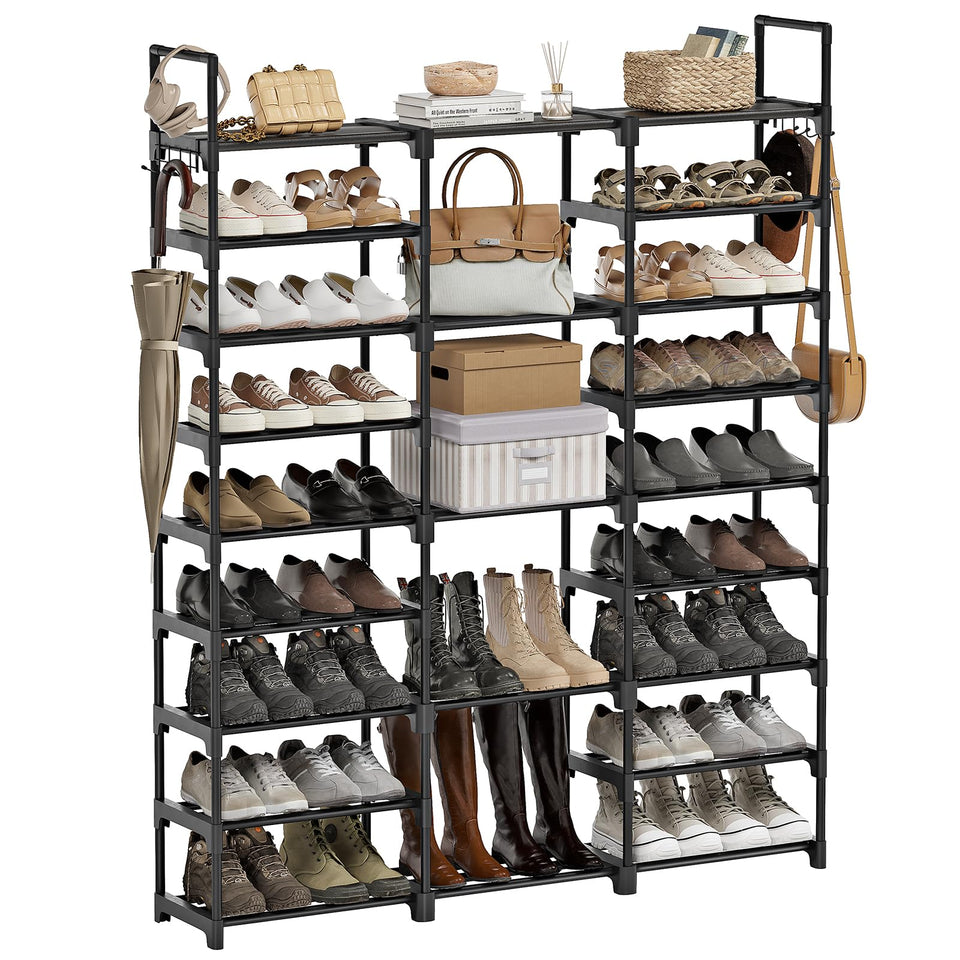 WOWLIVE 9-tier shoe rack in black, side view, maximizing vertical storage.
