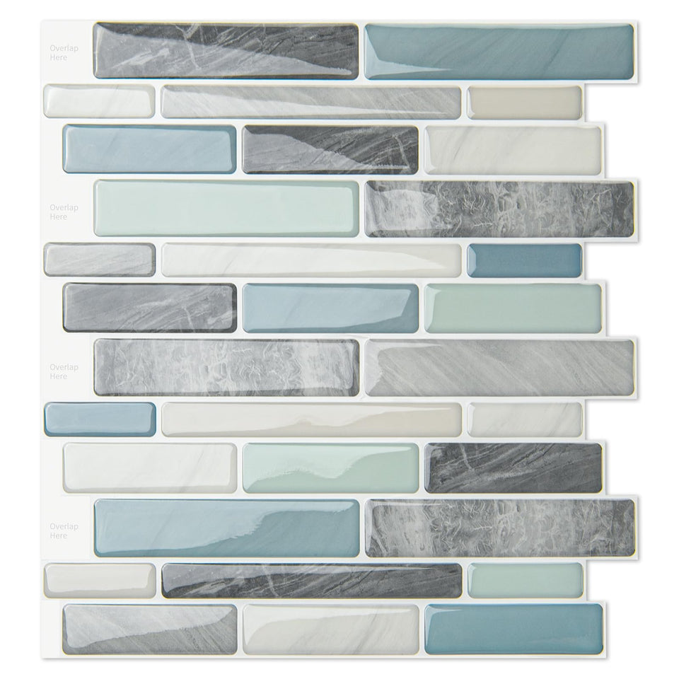 WOWSTAR 10-Sheet Peel and Stick Backsplash Tile in grey-blue, easy DIY kitchen update.