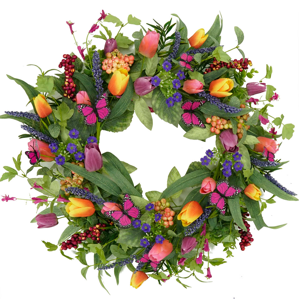 WreathDream 22in tulip wreath front door with vibrant tulips for a welcoming entry.