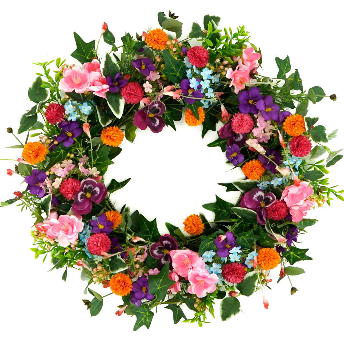 WreathDream front-door wreath with white pansy and chrysanthemums for bright spring entry