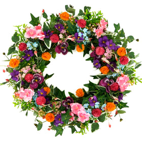 WreathDream front-door wreath with white pansy and chrysanthemums for bright spring entry