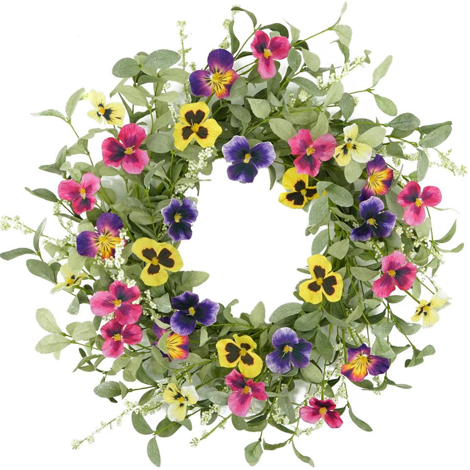 WreathDream front-door pansy wreath with spring palette for curb appeal.