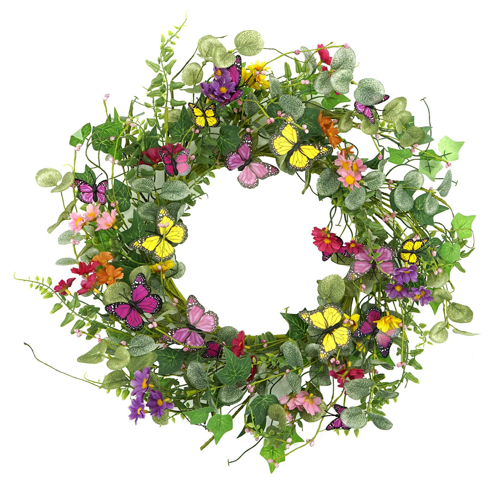 WreathDream spring wreath with butterflies enhances curb appeal at the front door