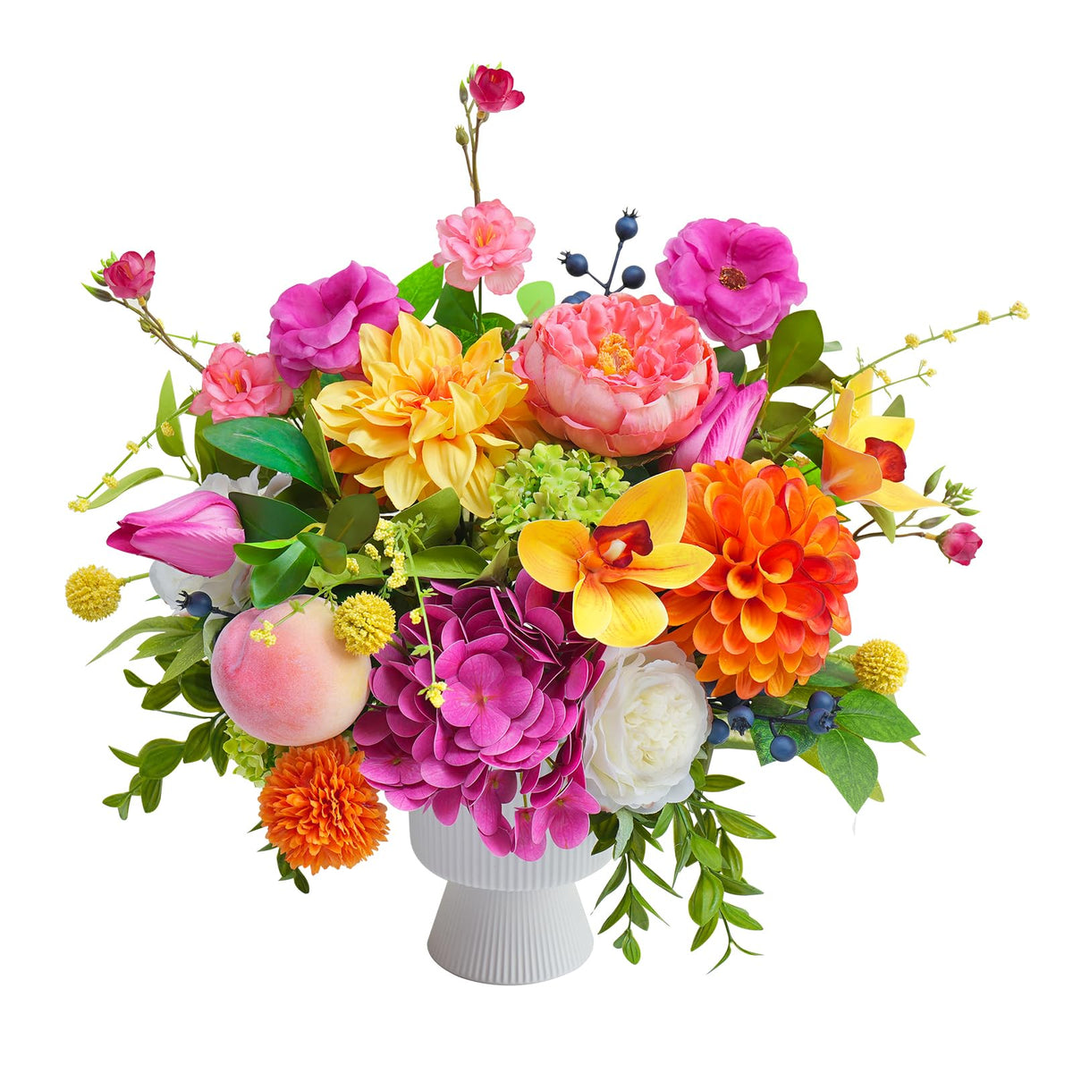 WreathQueen artificial flowers in vase with silk peony, tulips and dahlias for elegant centerpiece