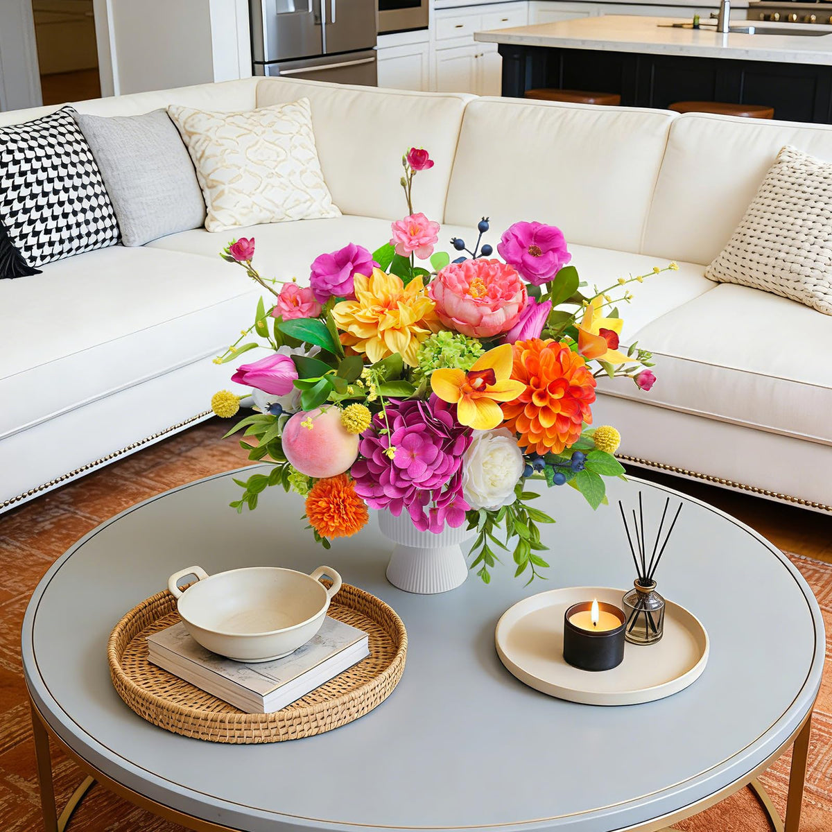White ceramic vase included with WreathQueen artificial flowers for instant display