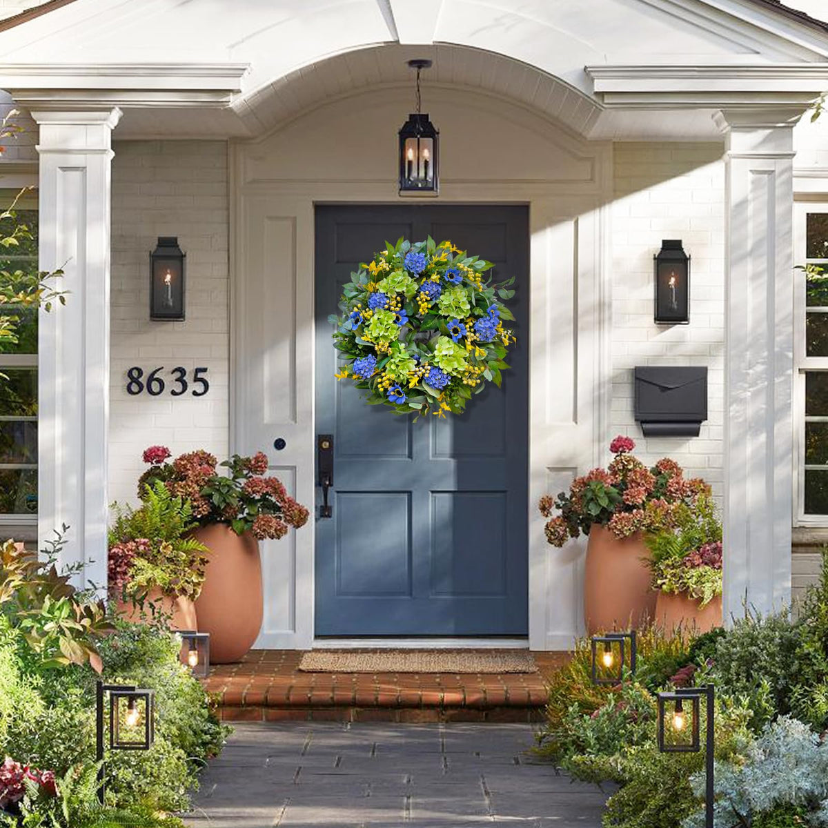 WreathQueen Blue Hydrangea Gerbera Daisy Wreath features lifelike blooms for year‑round charm.