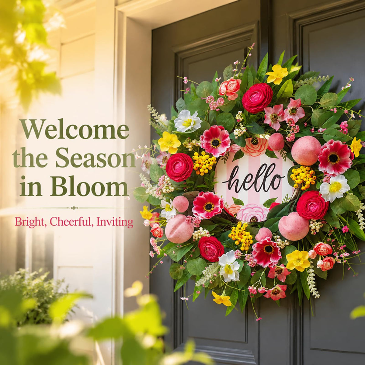 WreathQueen cherry blossom accents enhance outdoor porch decor year round.