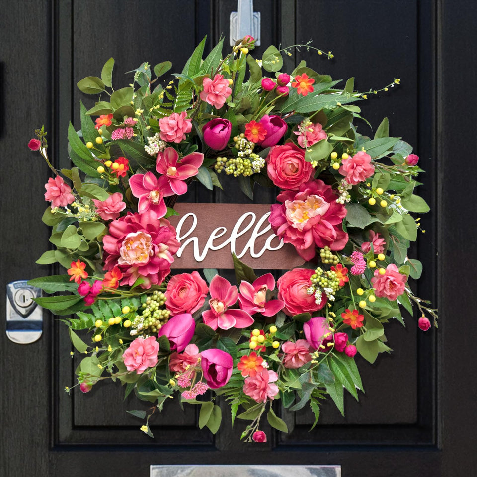 WreathQueen front door wreath with hello sign, 24-inch, ideal for welcoming entryways and porches