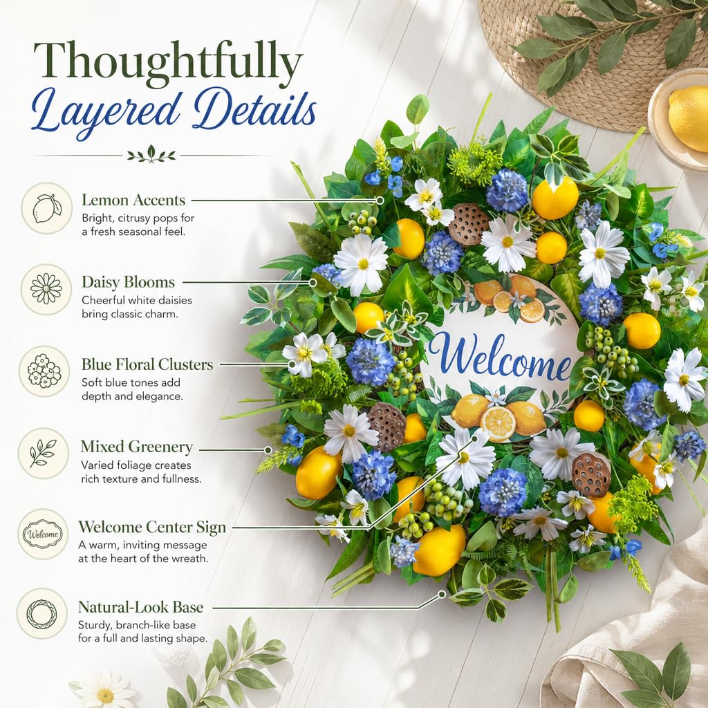 WreathQueen lemon-daisy closeup highlighting lifelike floral details for realistic decor.