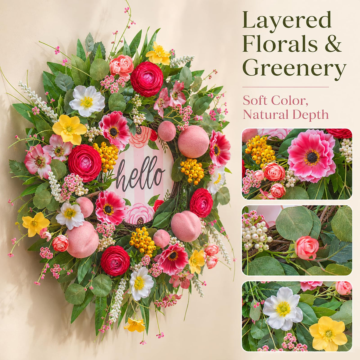 WreathQueen 24 inch wreath fits wide doors with prominent entry presence.