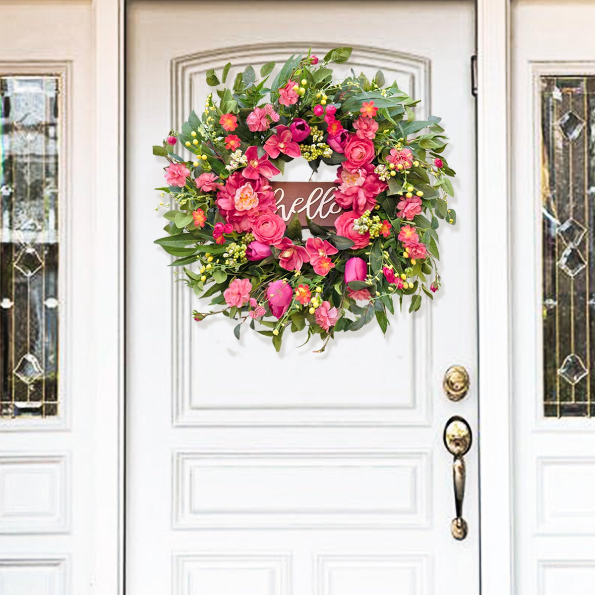 WreathQueen pink peony and orchid wreath with vibrant faux blooms for indoor or outdoor display