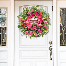 WreathQueen pink peony and orchid wreath with vibrant faux blooms for indoor or outdoor display