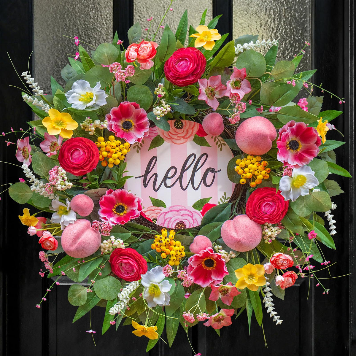 WreathQueen Spring Summer wreath with Hello Sign adds welcoming curb appeal.