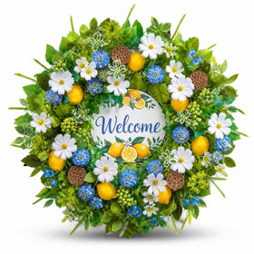 WreathQueen front-door wreath with lemon and daisies for welcoming entries.
