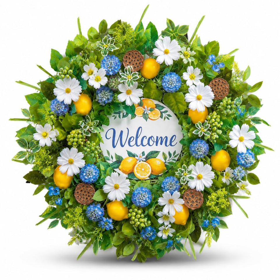 WreathQueen front-door wreath with lemon and daisies for welcoming entries.