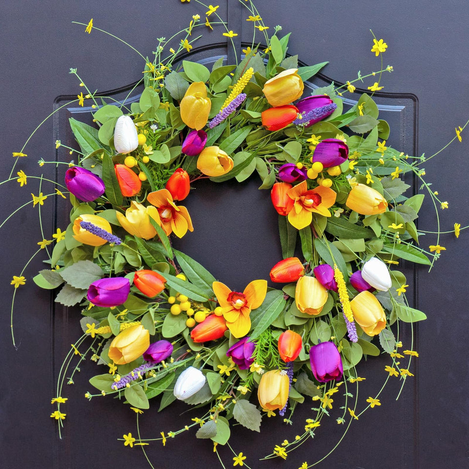 WreathQueen Spring Wreath 24 inch on the front door adds welcoming curb appeal.