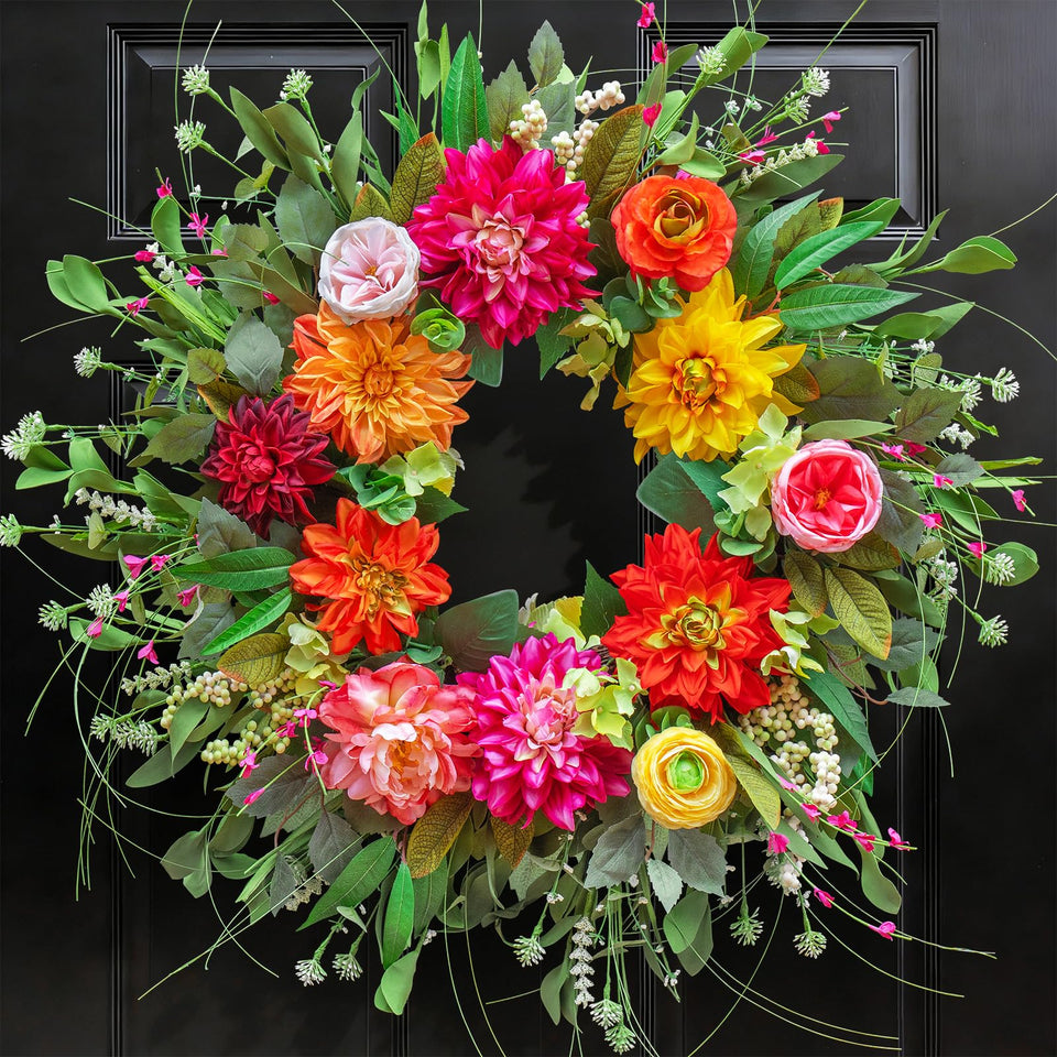 WreathQueen spring wreath front door with pink peony details for curb appeal