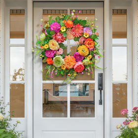 Wreathqueen summer wreath features rose, peony, and dahlia for a bright focal point