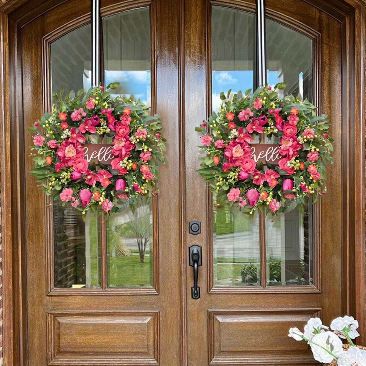 WreathQueen weatherproof outdoor wreath featuring lush greenery for year-round appeal