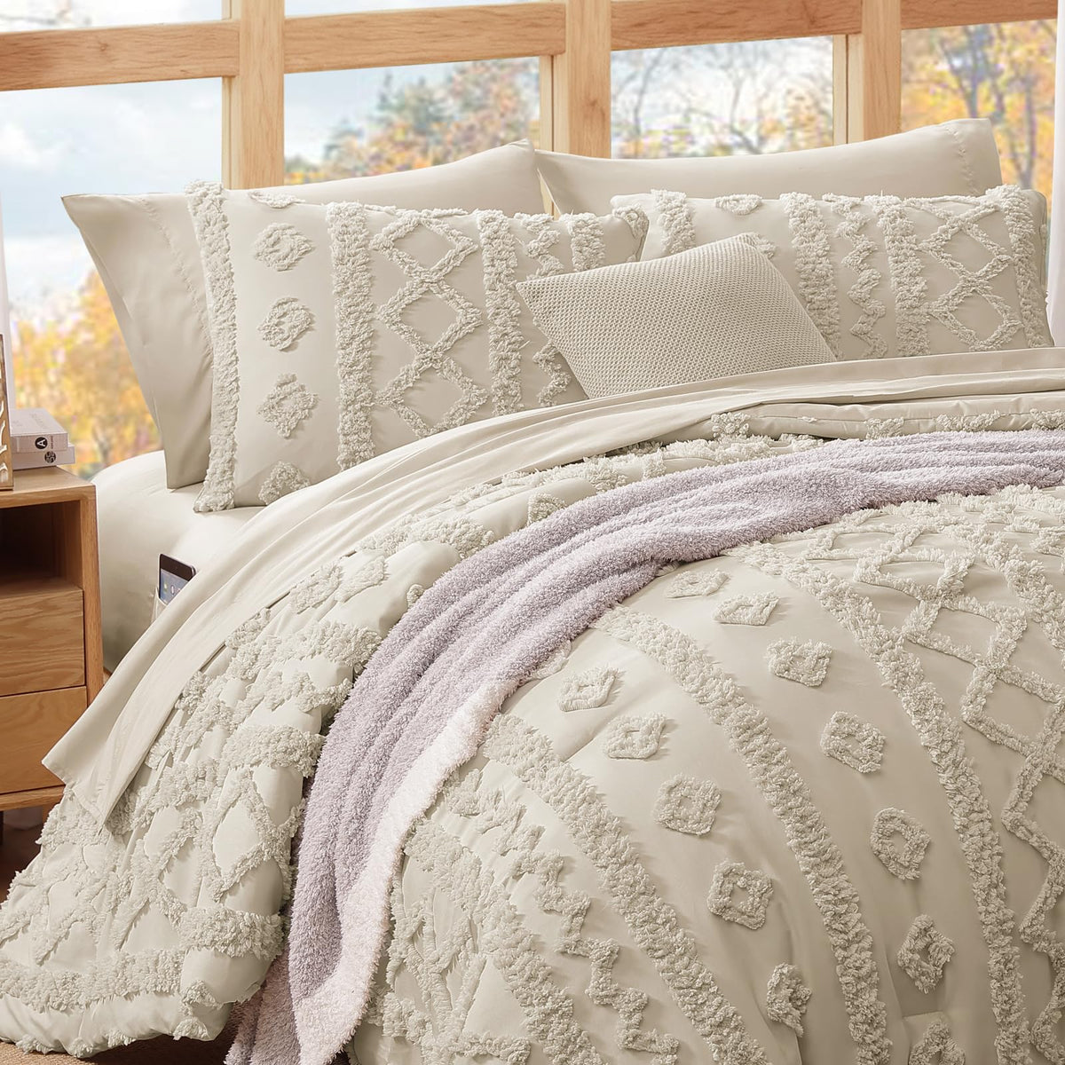 WRENSONGE beige tufted bedding set on bed for elegant bedroom look