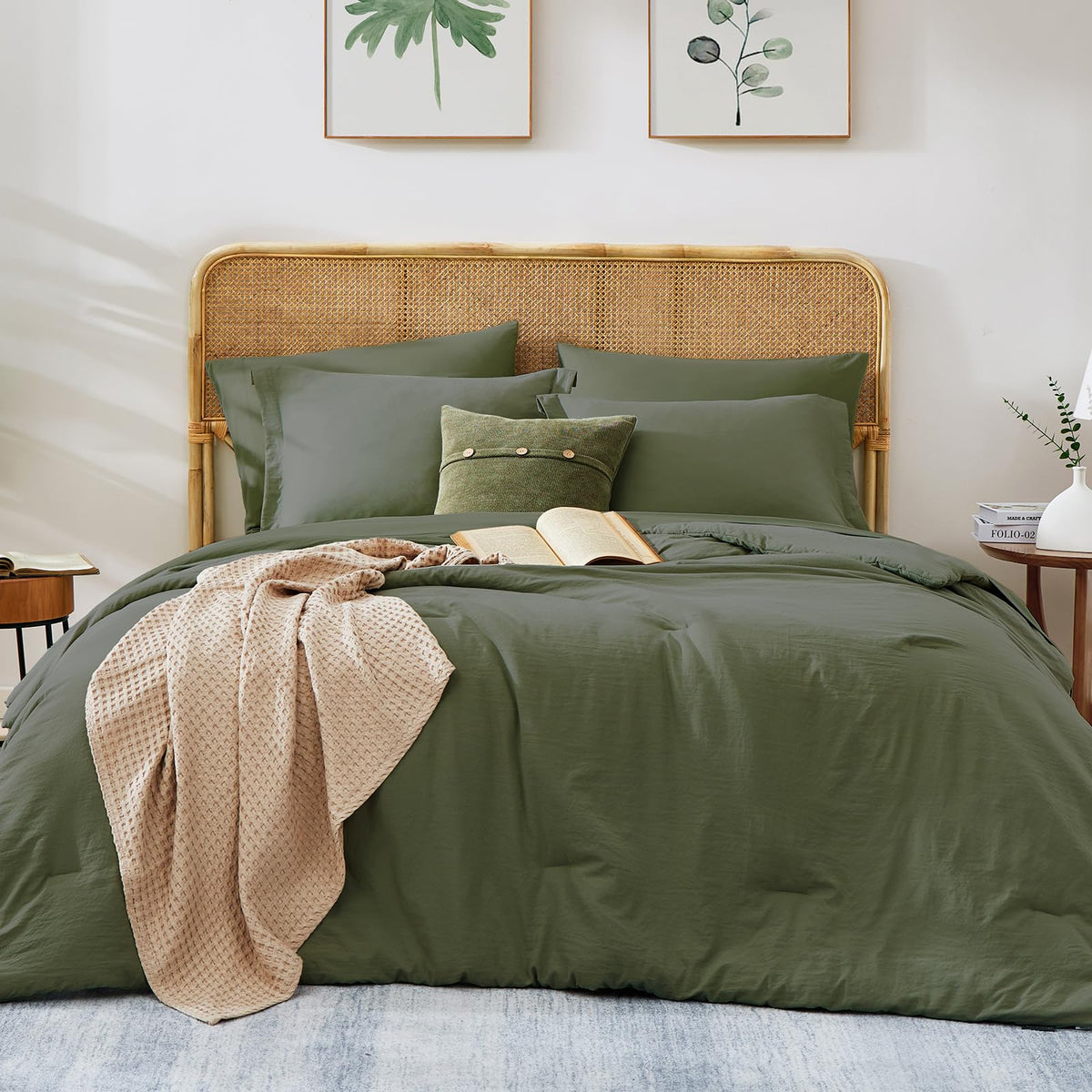 WRENSONGE olive-green comforter close-up highlights soft fabric and durable construction.