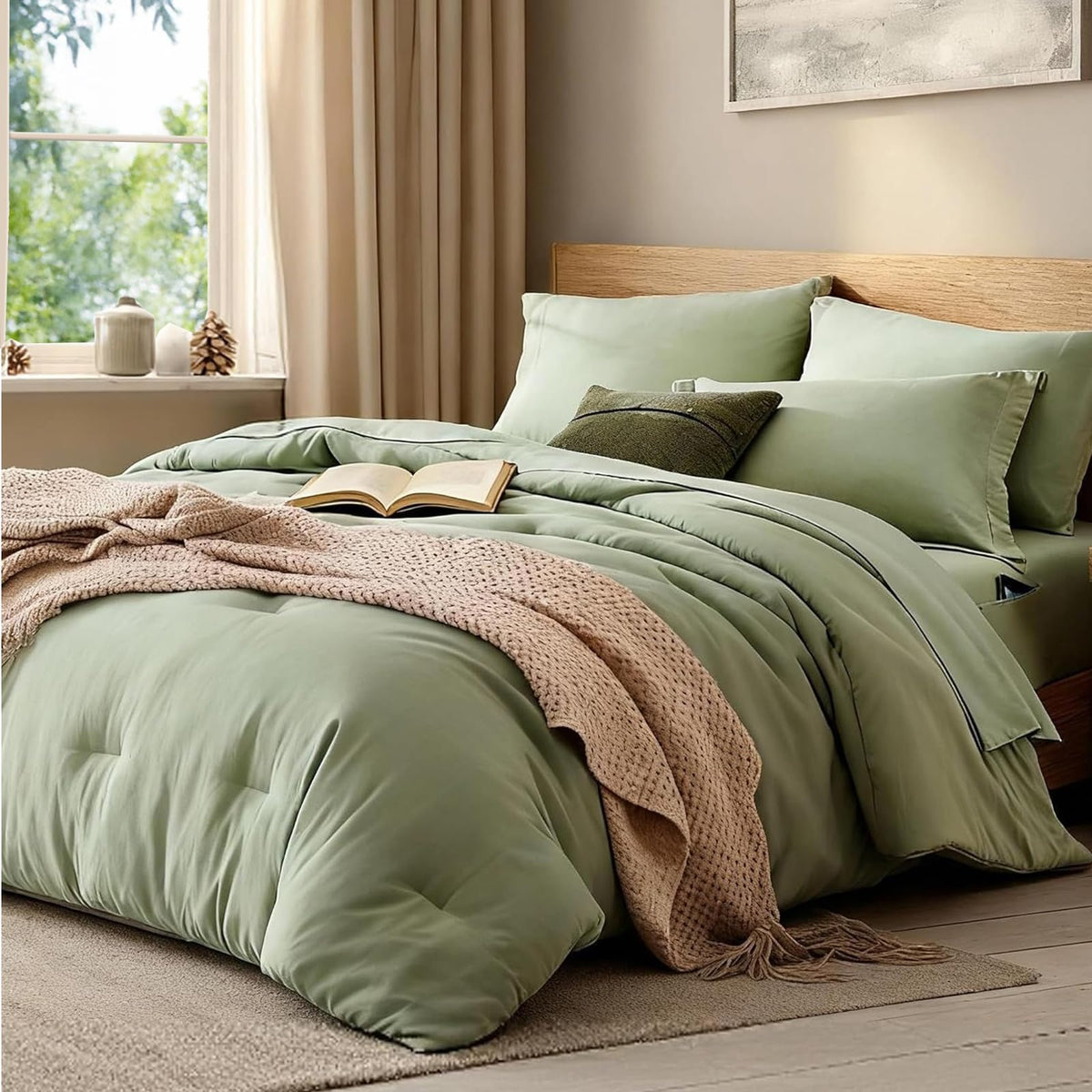 WRENSONGE sage-green twin-xl comforter fabric close-up showing soft, durable microfiber texture ideal for all-season coziness.