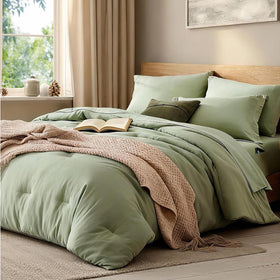 WRENSONGE sage-green twin-xl comforter fabric close-up showing soft, durable microfiber texture ideal for all-season coziness.