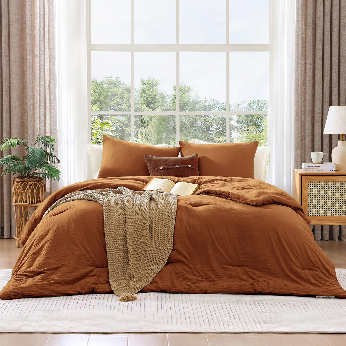 WRENSONGE bedroom setup with burnt orange tones enhances cozy, minimalist decor.