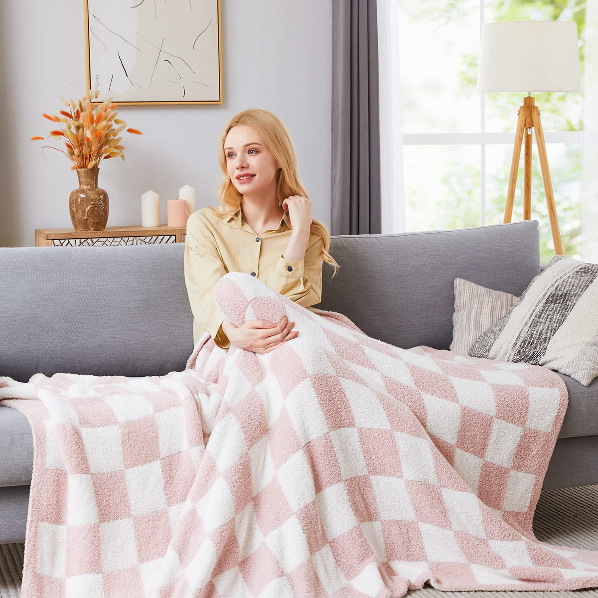 WRENSONGE handmade checkered throw on sofa enhances living room style.
