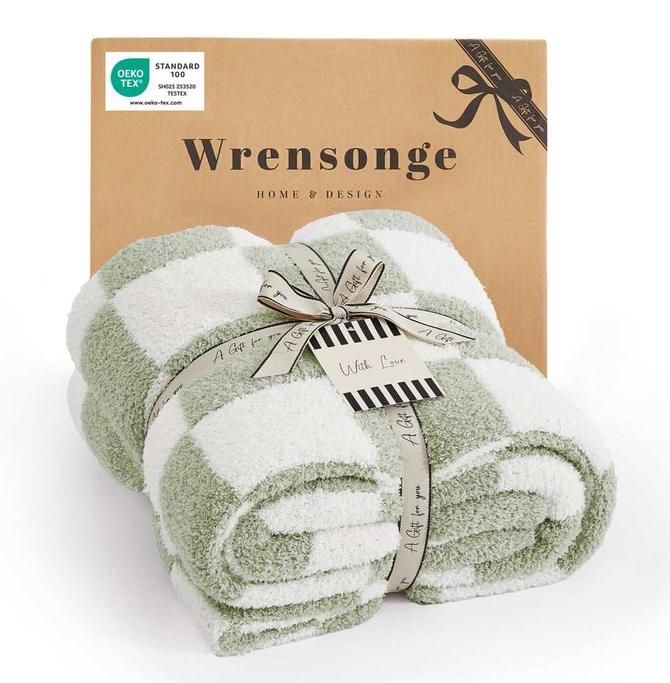 wrensonge checkered throw blanket in sage green on sofa for cozy style