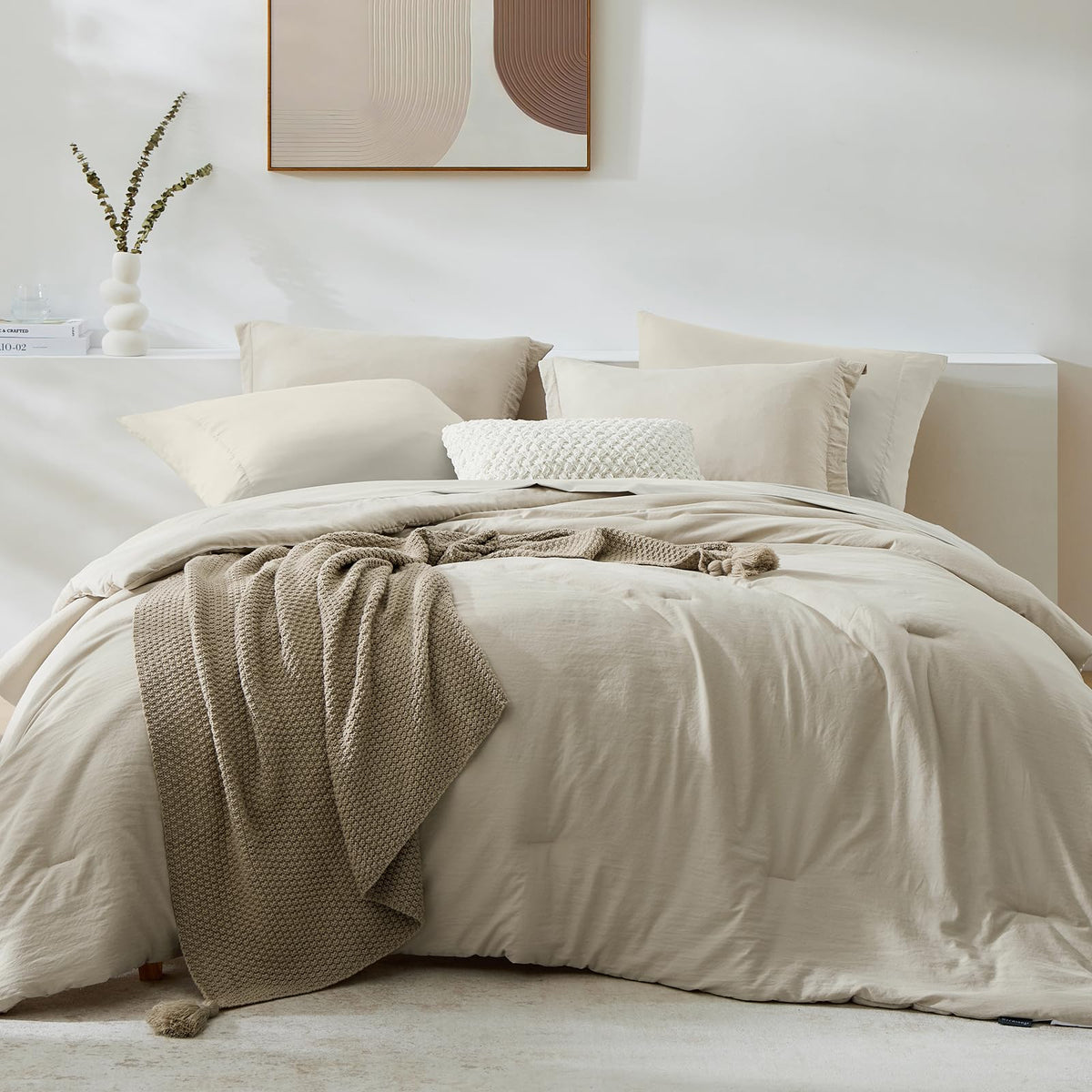 WRENSONGE king-size comforter set in warm oatmeal for all-season comfort and cozy look.